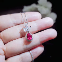 Ruby Necklace - Three Petal Style Teardrop Red Ruby Pendant - White gold @ Sterling Silver - July Birthstone - Adjustable Chain #419