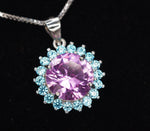 Round Pink Tourmaline Necklace - Aquamarine Halo Sunflower Style - 4 CT Pink Tourmaline Pendant - White Gold coated Sterling Silver #670