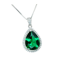 Large Green Emerald Necklace - 6.5 Ct Teardrop Emerald Pendant - White Gold coated Sterling Silver Pear Green Gemstone Jewelry #701