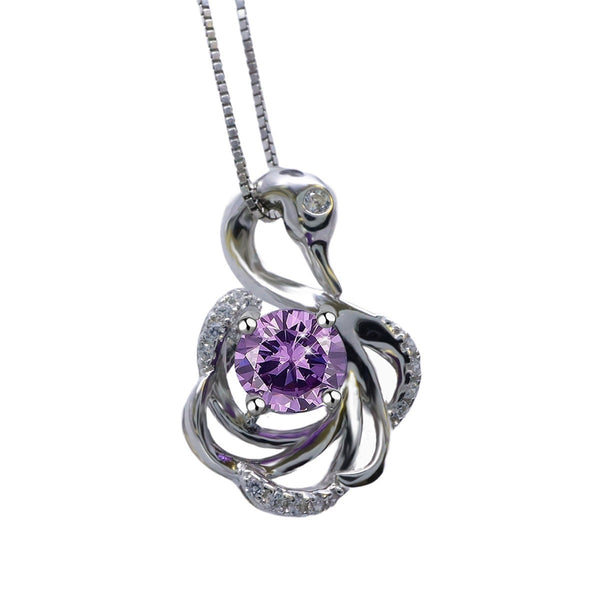 Gemstone Swan Genuine Amethyst Necklace - 18KGP @925 Sterling Silver Round Natural Amethyst Pendant #411