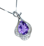 Natural Amethyst Necklace, Gemstone Petal Flower Pendant, 2.1 CT Genuine Purple Amethyst Pendant Sterling Silver White Gold Plated #455