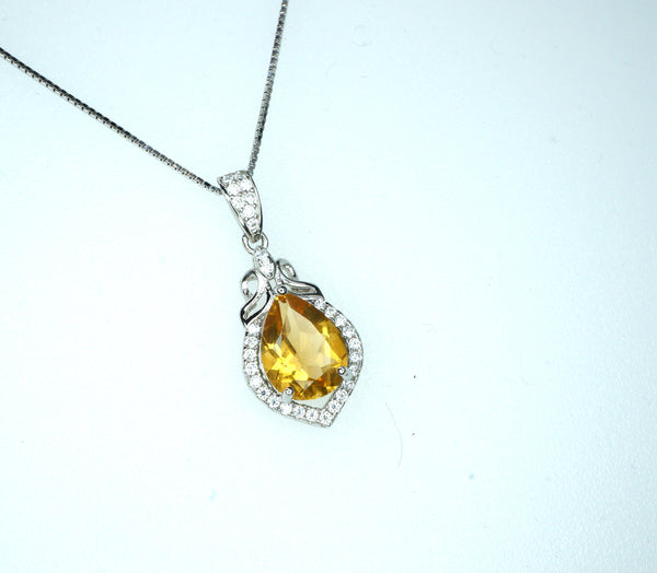 Citrine Necklace Silver - Genuine Teardrop Citrine Full 925 Sterling Silver November Birthstone Platinum Coated Box Chain #427