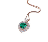 Double Halo Emerald Necklace - Rose gold coated Sterling Silver - 8 MM 2.1 Ct Solitaire Green Heart Emerald Pendant Jewelry #493