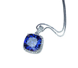 Large Tanzanite Necklace - 18KGP @ Sterling Silver - Halo Square Cushion Deep Blue 5CT Tanzanite #696