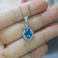 Blue Topaz Necklace - Sterling Silver Halo Teardrop Topaz Pendant - Dainty Pear Cut Blue Topaz Jewelry - November Birthstone #269