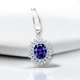 Large Tanzanite Necklace Double Layer Gemstone Halo 2.8 CT Tanzanite Pendant Sterling Silver White Gold Plated Blue Gemstone #730