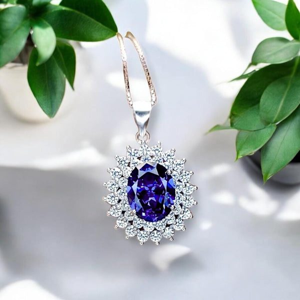 Large Tanzanite Necklace Double Layer Gemstone Halo 2.8 CT Tanzanite Pendant Sterling Silver White Gold Plated Blue Gemstone #730