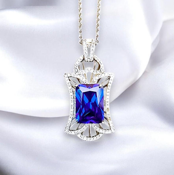 Royal Flower Tanzanite Necklace - Large Rectangle Tanzanite Jewelry - December Birthstone - Bridal Wedding Lab Tanzanite Pendant #888