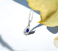 Tiny Teardrop Tanzanite Necklace - Sterling Silver Sim Dimond White Gold Plated Halo 0.5 CT Royal Blue Pear Pendant Minimalist Style 088