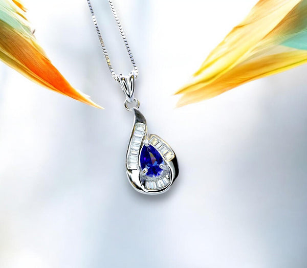 Tiny Teardrop Tanzanite Necklace - Sterling Silver Sim Dimond White Gold Plated Halo 0.5 CT Royal Blue Pear Pendant Minimalist Style 088