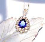 Teardrop Tanzanite Necklace Rose Gold Sterling Silver 3CT Blue Tanzanite Pendant December Birthstone - Layered Lily Flower #751