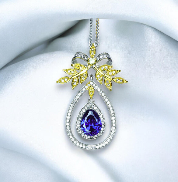 Teardrop Blue Tanzanite Necklace - Large Gold the Tree Of Life Pendant - 18KGP Sterling Silver olive branch Necklace #850