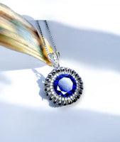 Round Blue Tanzanite Necklace - Halo 10 MM 4 CT Tanzanite Pendant - 18k White Gold @ Sterling Silver Royal Blue Gemstone #577