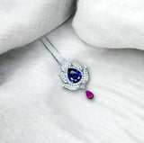 Tanzanite Necklace - Gemstone Lotus Flower Pendant - Sterling Silver - Teardrop Halo Large Deep Blue Tanzanite 2.75 CT #921