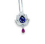 Tanzanite Necklace - Gemstone Lotus Flower Pendant - Sterling Silver - Teardrop Halo Large Deep Blue Tanzanite 2.75 CT #921