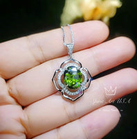 Sterling Silver Large Peridot Necklace , Green Flower of Life Necklace - Oval Cut 4.1 Ct Lab Green Peridot Flower Pendant #545