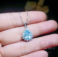 Teardrop Aquamarine Necklace, Sterling Silver 2.5 ct Blue Aquamarine Pendant, Gemstone Halo Pear Blue Gemstone Jewelry #133