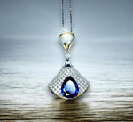 Blue Tanzanite Necklace - 18K @ Sterling Silver - Gemstone Teardrop Halo Blue Tanzanite Jewelry - December Birthstone #902