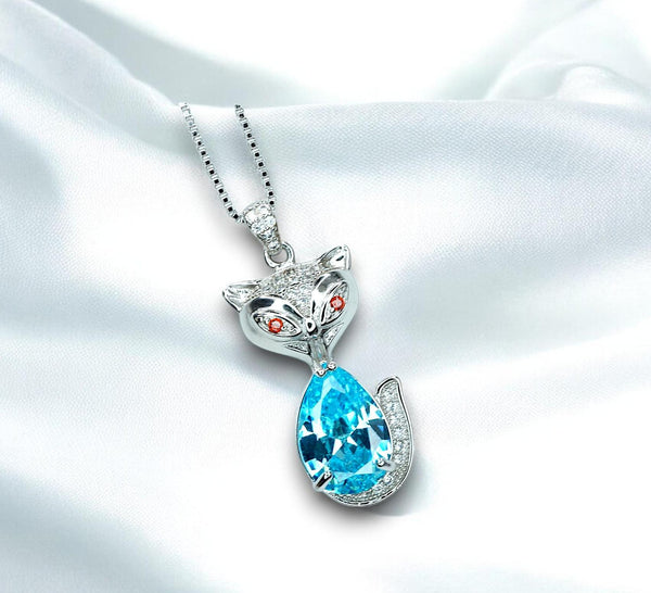 Aquamarine Necklace -Sterling Silver Fox Pendant - 2.5 CT Pendant Teardrop Pear Cut - Sky Blue - Aquamarine Jewelry - 18KGP #442