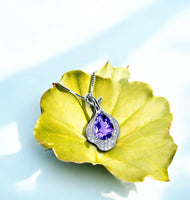 Natural Amethyst Necklace, Gemstone Petal Flower Pendant, 2.1 CT Genuine Purple Amethyst Pendant Sterling Silver White Gold Plated #455