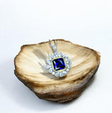 Large Square Tanzanite Necklace - Gemstone Halo Square Sterling Silver 18KGP - 7 CT 10 MM Lab Created Tanzanite Jewelry #810