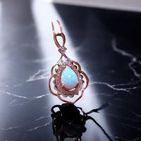 Large Opal Necklace - Rose Gold Coated 925 Sterling Silver Flower Leaf style - Teardrop Opal Pendant #608