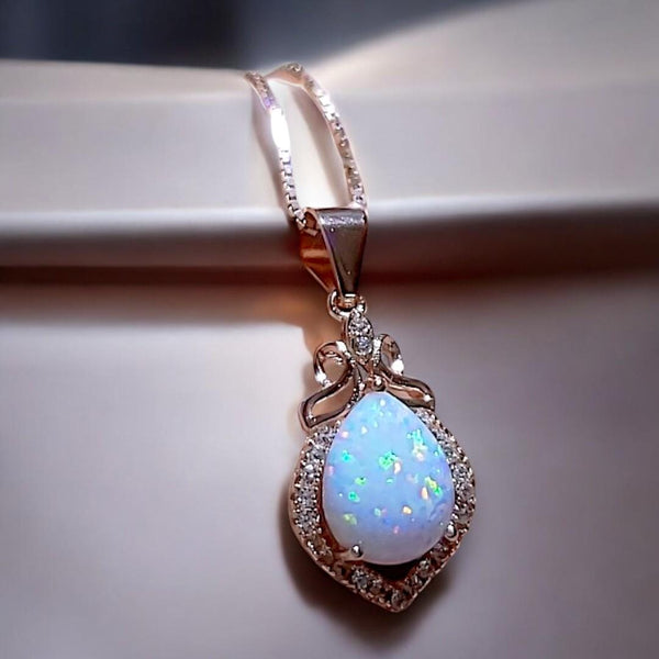 Rose Gold Fire Opal Necklace Sterling Silver Teardrop Tiny White Opal Pendant Solid 18kgp 074