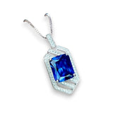 Spacecraft Style Blue Sapphire Necklace - Rectangle Scissor Cut 4.5 CT Deep Blue Sapphire Pendant - White Gold coated Sterling Silver #680