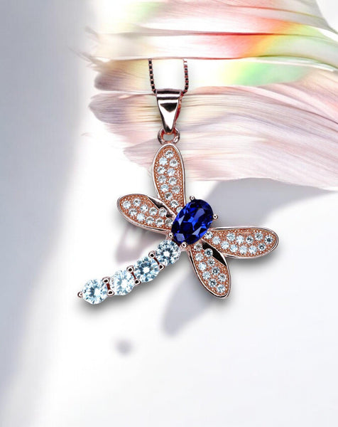 Tanzanite Necklace - Dragonfly Pendant - 18KGP @ Sterling Silver - December Birthstone - Rose gold Lab Created Tanzanite Pendant #342