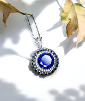 Round Blue Tanzanite Necklace - Halo 10 MM 4 CT Tanzanite Pendant - 18k White Gold @ Sterling Silver Royal Blue Gemstone #577