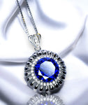 Round Blue Tanzanite Necklace - Halo 10 MM 4 CT Tanzanite Pendant - 18k White Gold @ Sterling Silver Royal Blue Gemstone #577