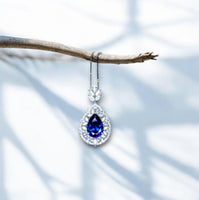 Teardrop Tanzanite Necklace - 18 k White Gold @ Sterling Silver - 3 CT Blue Tanzanite - Gemstone Flower December Birthstone #900