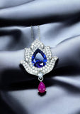 Tanzanite Necklace - Gemstone Lotus Flower Pendant - Sterling Silver - Teardrop Halo Large Deep Blue Tanzanite 2.75 CT #921