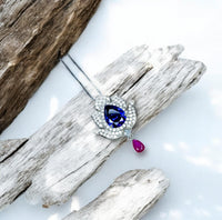 Tanzanite Necklace - Gemstone Lotus Flower Pendant - Sterling Silver - Teardrop Halo Large Deep Blue Tanzanite 2.75 CT #921