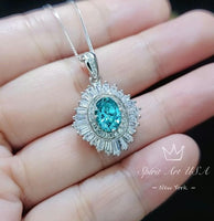 Gemstone Halo Green Paraiba Necklace Sparkling Paraiba Tourmaline Necklace - White Gold coated Sterling Silver - 1.5Ct Paraiba Pendant #789