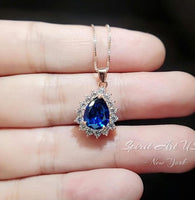 Rose Gold Teardrop Blue Sapphire Necklace Gemstone Blue Gemstone Pendant Sterling Silver Pear Halo Pear Royal Blue Jewelry #321