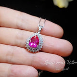 Double Halo Teardrop Pink Topaz Necklace - Gemstone Halo Teardrop Fuchsia Sapphire Pendant - 3 ct White Gold Coated Sterling Silver #758