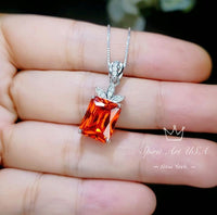 Large Rectangular Sunstone Necklace - Red Orange Tangerine Spessartite Garnet Jewelry Diamond Petal Flower 9 ct Created Orange Sapphire #668