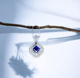 Gemstone Flower Square Tanzanite Necklace White Gold Coated 925 Sterling Silver Tiny Lab Created Tanzanite Pendant - Overlap Square #339