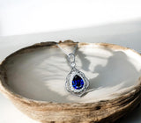 Large Tanzanite Necklace - Gemstone Leaf Lab Created Tanzanite Pendant - 18KGP - Sterling Silver - Teardrop Style Pear Cut 2.75CT #714