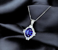 Tanzanite Necklace - 2 CT Oval Cut Diamond Halo Blue Tanzanite Pendant - 18KGP @ Sterling Silver - Solitaire Lab Created Blue Gemstone #317