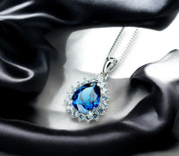 Teardrop Blue Sapphire Necklace Gemstone Halo 2.1 CT Sapphire Pendant Sterling Silver Pear Blue Gemstone Jewelry #394