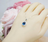 Teardrop Blue Sapphire Necklace Gemstone Halo 2.1 CT Sapphire Pendant Sterling Silver Pear Blue Gemstone Jewelry #394