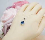 Teardrop Blue Sapphire Necklace Gemstone Halo 2.1 CT Sapphire Pendant Sterling Silver Pear Blue Gemstone Jewelry #394