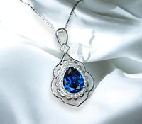 Teardrop Blue Sapphire Necklace 2.75 CT Royal Blue Sapphire Gemstone Pendant Sterling Silver Pear White Gold Petal Jewelry #773