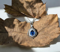 Teardrop Blue Sapphire Necklace 2.75 CT Royal Blue Sapphire Gemstone Pendant Sterling Silver Pear White Gold Petal Jewelry #773