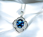 Large Blue Sapphire Necklace - 18kgp Sterling Silver - Flower Of Life Necklce - 4 Ct Solitaire Halo Blue Sapphire Pendant #563