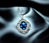 Large Blue Sapphire Necklace - 18kgp Sterling Silver - Flower Of Life Necklace - 4 Ct Solitaire Halo Blue Sapphire Pendant #563