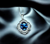 Large Blue Sapphire Necklace - 18kgp Sterling Silver - Flower Of Life Necklce - 4 Ct Solitaire Halo Blue Sapphire Pendant #563