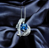 Protective Angel Wing Blue Sapphire Necklace - Sterling Silver White Gold Coated - 2CT Round Cut Blue Sapphire Angel Wing Jewelry #883